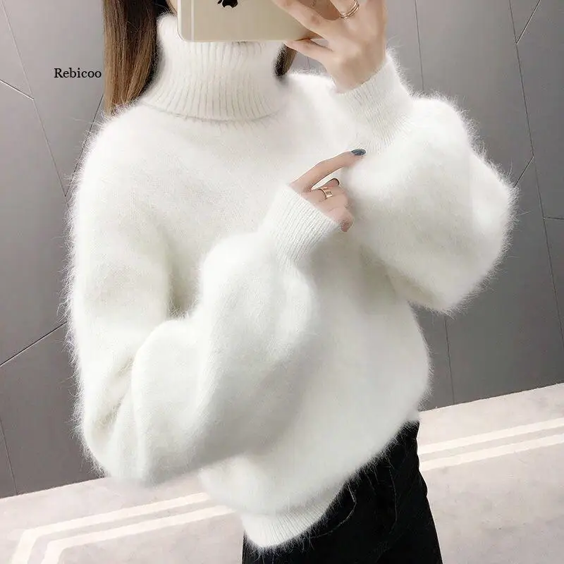 Oversized Cropped Sweater Turtleneck Women Winter Clothes Knitted Fluffy Woman Sweaters Korean Pullover Vintage Jumper Pink