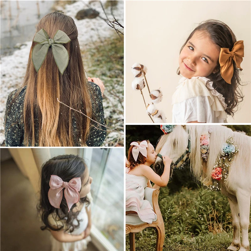 Pinces à cheveux ourlées pour bébés filles, pinces à cheveux en coton et lin, grand nœud en velours, accessoires pour tout-petits, T64.