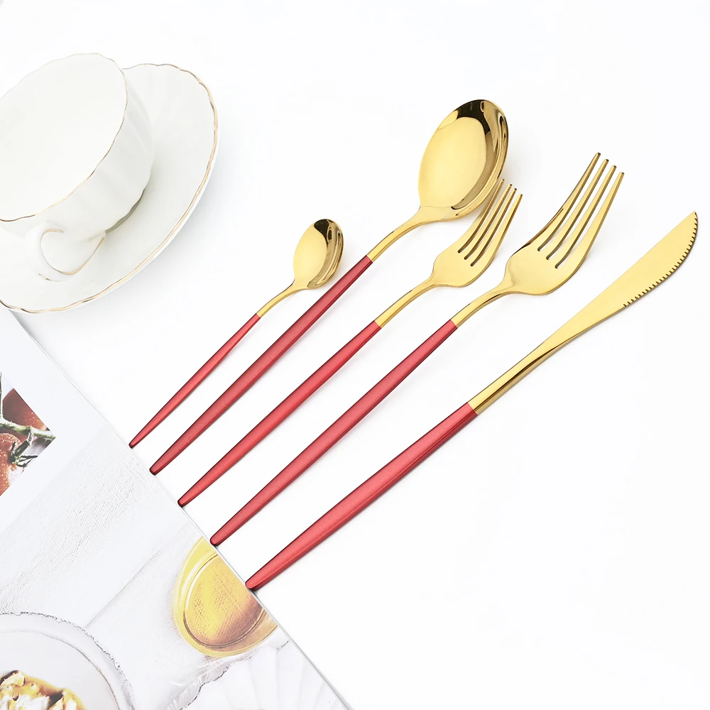 Mirror Red Gold Stainless Steel Cutlery Set Flatware Set Knife Coffee Teaspoons Forks Dinnerware Silverware Kitchen Tableware