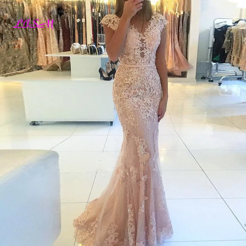 

Elegant V-Neck Cap Sleeves Lace Tulle Mermaid Evening Gowns Floor Length vestido de fiesta Long Light Pink Prom Dress