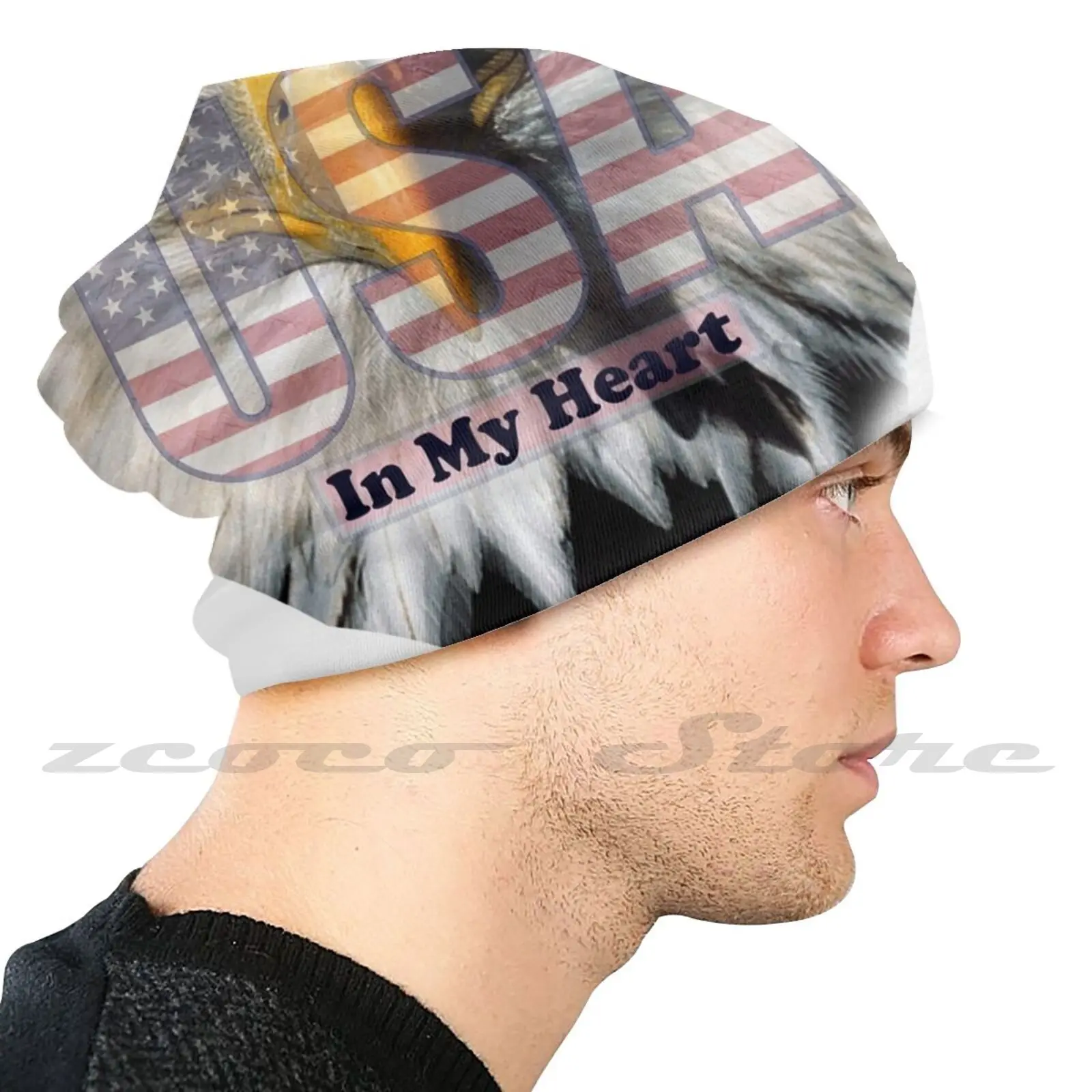 Usa In My Heart Diy Pullover Cap Knit Hat Plus Size Keep Warm Elastic Soft Usa Heart Love Condor Eagle