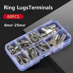 60PCS 6-25m㎡ Cable Battery Terminals Soldered Connectors Assortment Tinned Copper Lugs Ring Crimp Terminals Wire Crimp Connector
