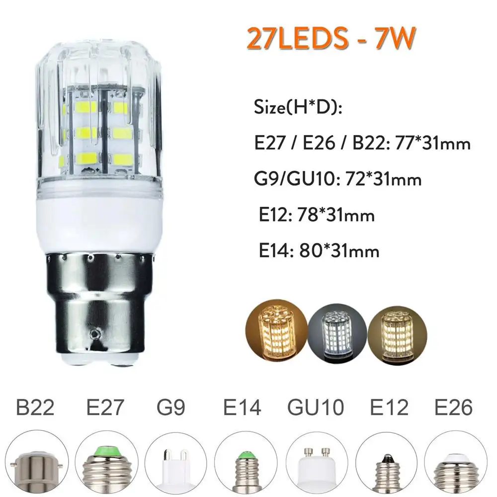 Imagem -02 - Lâmpadas Led Milho dc 12v 24v Holofotes 7w 27leds Casa Brilhante Mesa Lâmpadas de Iluminação Interior E27 E26 E12 E14 B22 g9 Gu10