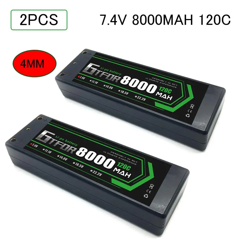 

GTFDR 2PCS RC battery Lipo 2S 7.4V 5200mah 6200mah 6500mah 8000mah 50C 100C 120C 240C 4.0mm Hardcase For Slash 4X4 Car