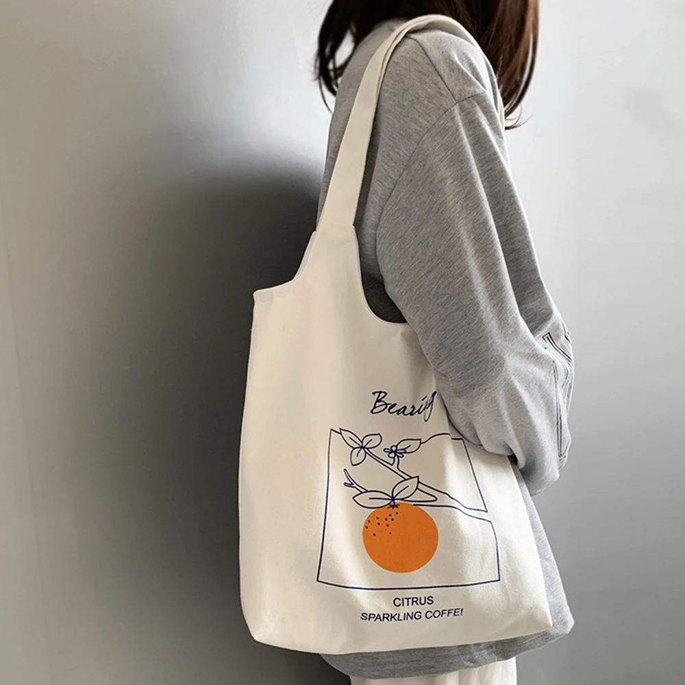 Ins Simple Fruit Orange Canvas Bag Literary Women's Canvas Bag Vest Style Simple Portable Shoulder Bag Foldable Eco Grocery Tote