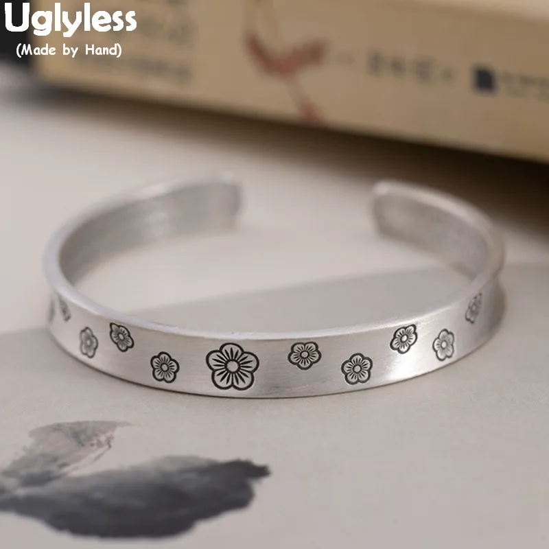 

Uglyless 100% Real 999 Silver Plum Blossoms Floral Bangles for Women Concaved 8MM Wide Open Bangles Thai Silver Flowers Jewelry