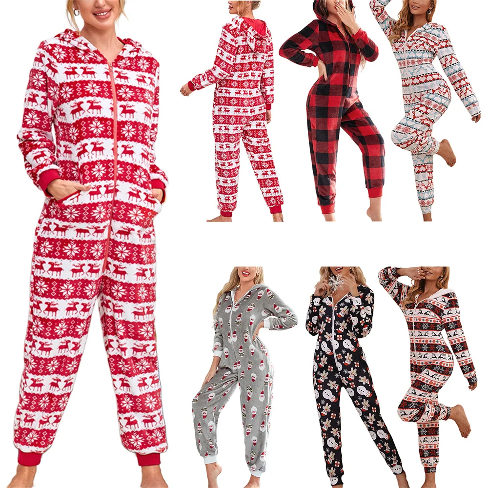 Women\'s Christmas Hooded Jumpsuit Thin Long Sleeve Zip Up V Neck Cartoon Print Pajamas Homewear Fashion Female Rompers Overalls