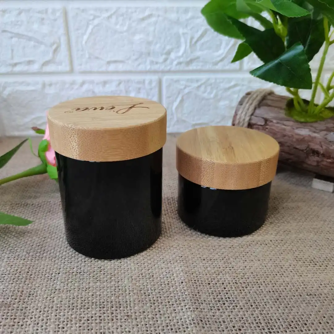 

Custom Engraving Logo Black Plastic 8 oz 5 oz Shea Butter Container Cream Jar With Bamboo Lid Bath Salt Beauty Haircare Package