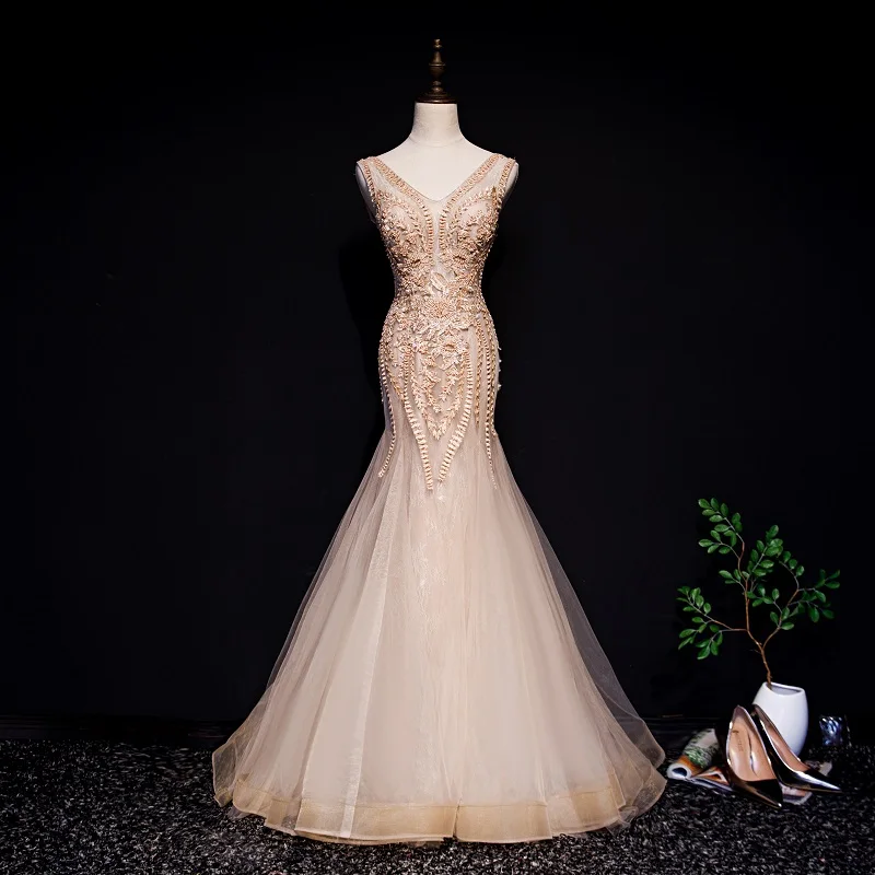 

Evening Dress Deep V-Neck Elegant Sleeveless Floor-Length Backless Embroidery Pleat Mermaid New Party Formal Dresses Woman B1286