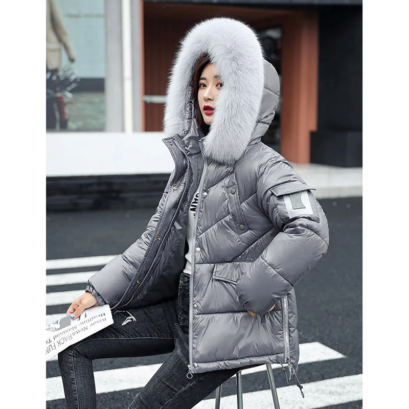 Korean Bright Face Big Fur Collar Down Cotton Jacket Women\'s 2025 Winter Jackets Female Parkas Loose Thick Warm Hooded Outerwear