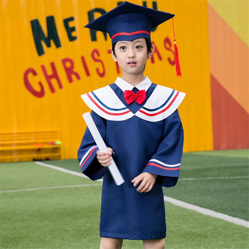 2021 New School Children Graduation Bachelor Uniform Boys Girls Kindergarten Finish Education Baby Bachelor Cap Set Loose Tie