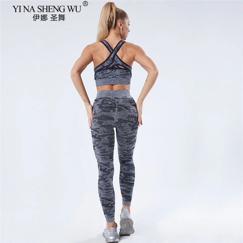 2PCS Camouflage Camo Yoga Pants Set Sports Wear For Women Gym Push-up Fitness Clothing Yoga Leggings + Sport Bra Gym Sport Suit