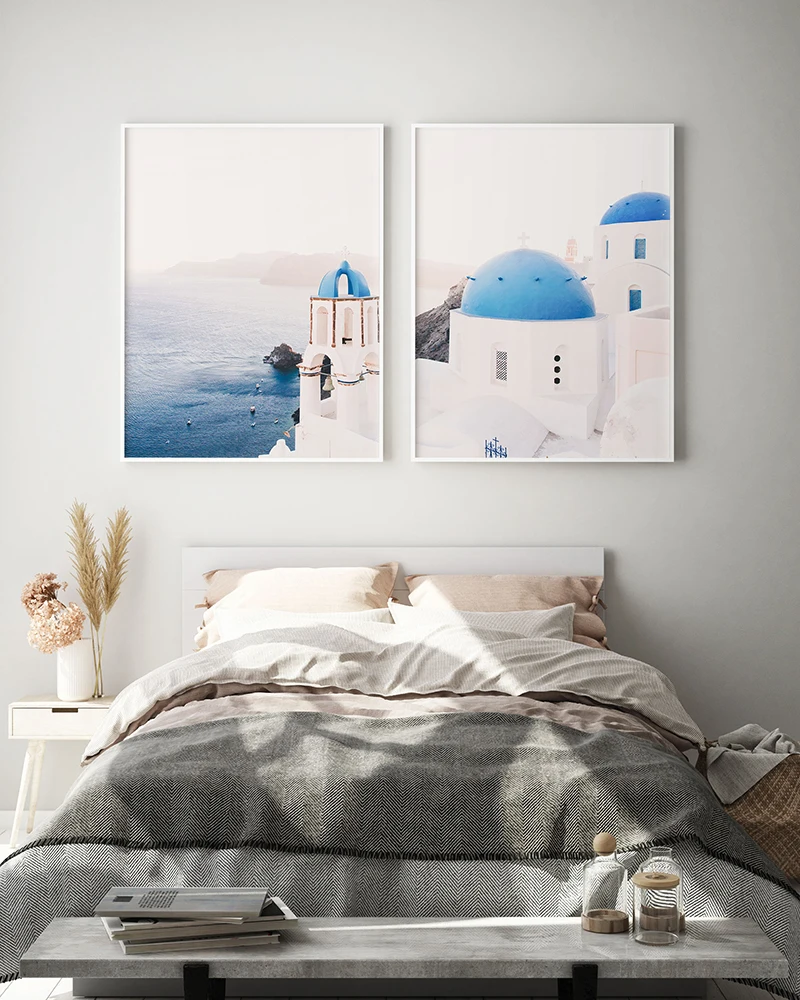 Santorini Blue Church Seascape Poster 2 Piece Set Greek Photography Print Wall Art Pastel Colors Pictures for Living Room