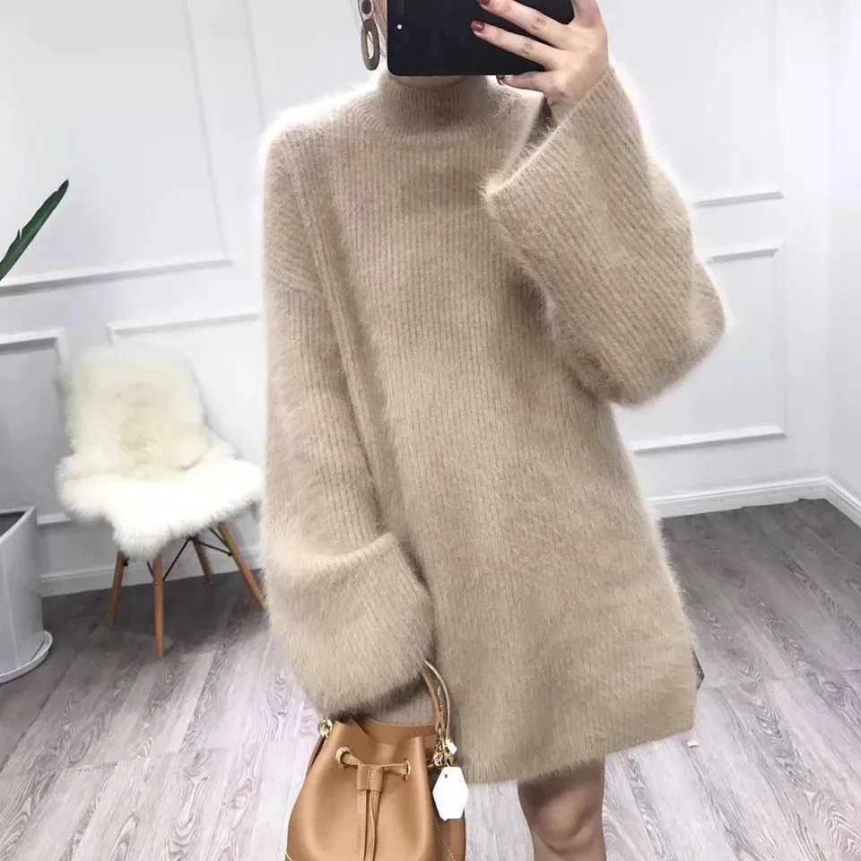 JSXDHK Fashion Loose Mik Cashmere Sweaters Winter Women Stand Collar Knitted Thicked Warm Flare Sleeve Harajuku Long Pullovers