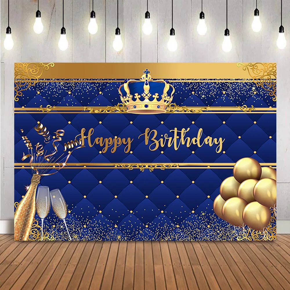 Happy Birthday Royal Blue Backdrop Crown Gold Glitter Balloons Champagne Newborn Children Theme Birthday Party Photo Booth