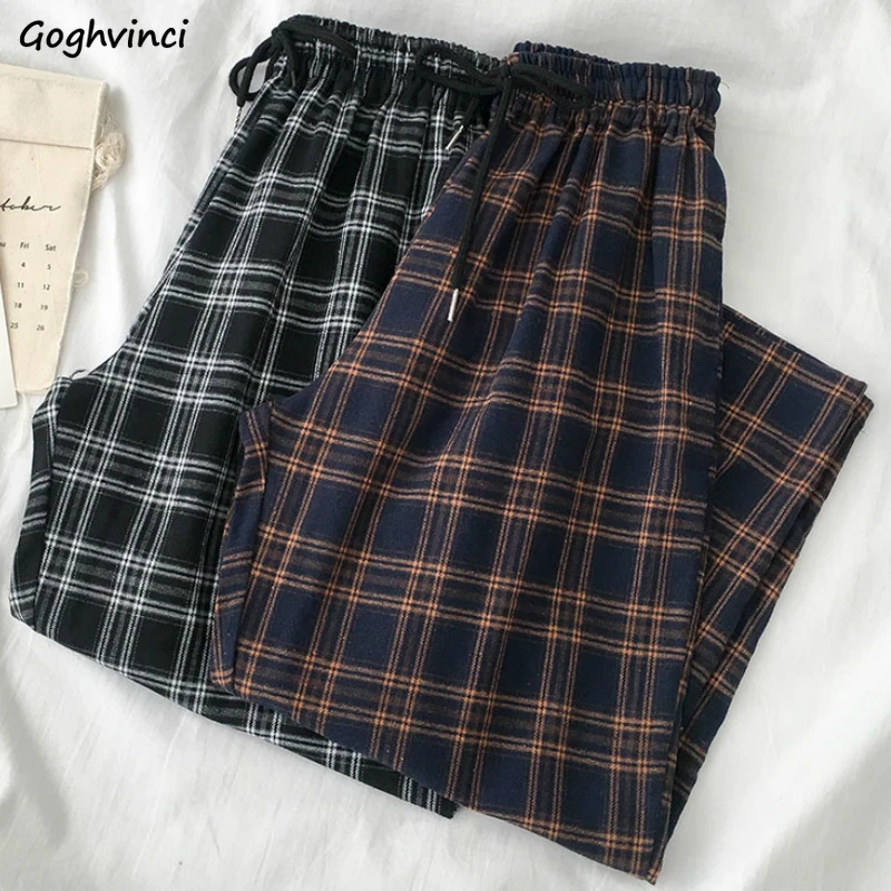 Casual Pants Women Elastic Waist Plaid Wide Leg Trousers Womens Students Simple Chic Trendy Office Lady All-match Harajuku New