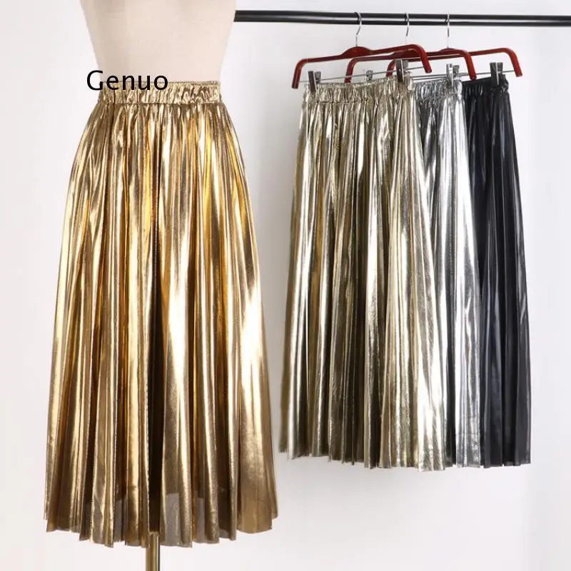 Suede Metallic Skirt Gold Silver Long Striped Elasticity Pleated Skirts Womens Saias Faldas Vintage Women Party Punk Club Skirt