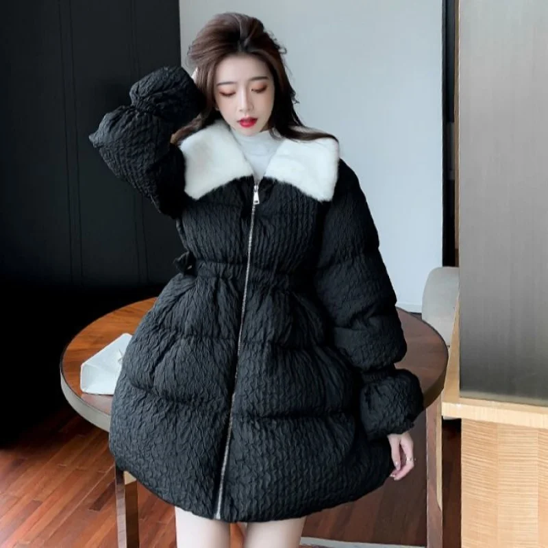 2024 New Fashion Fur Lapel Collar Winter Down Cotton Jacket Female Skirt Style Korean Thick Warm Coat Padded Ladies Clothes