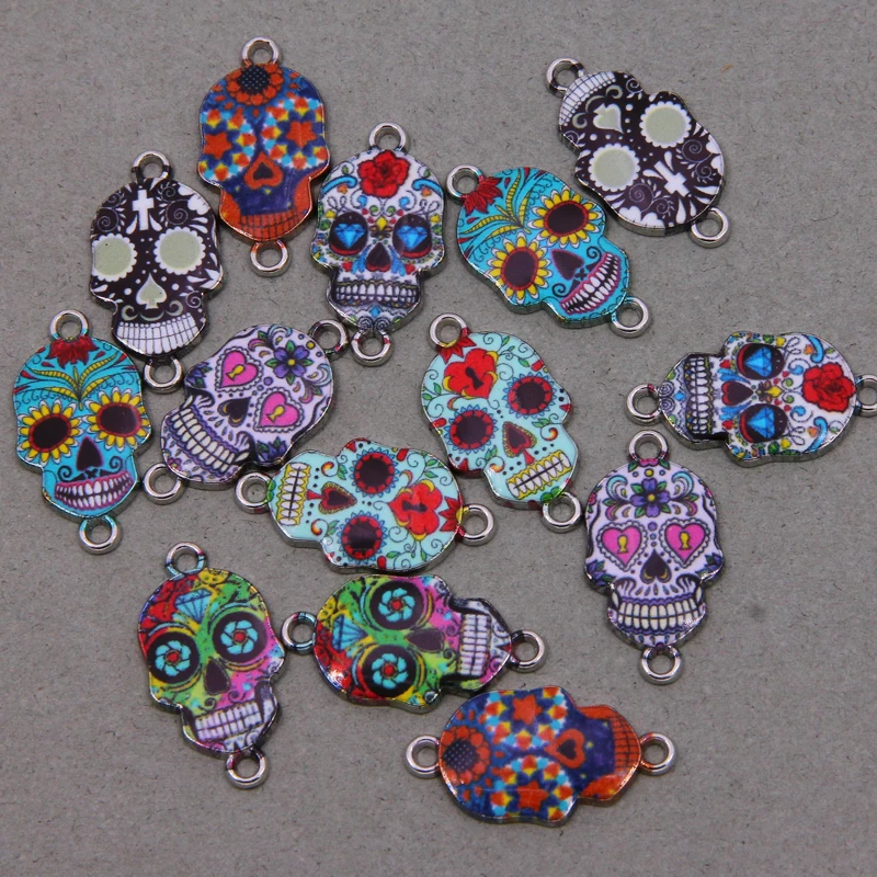 6pcs  Silver Color Enamel Flower Skull Connector for The Jewelry Earrings Accessories Findings DIY 14*26*2mm wholesale