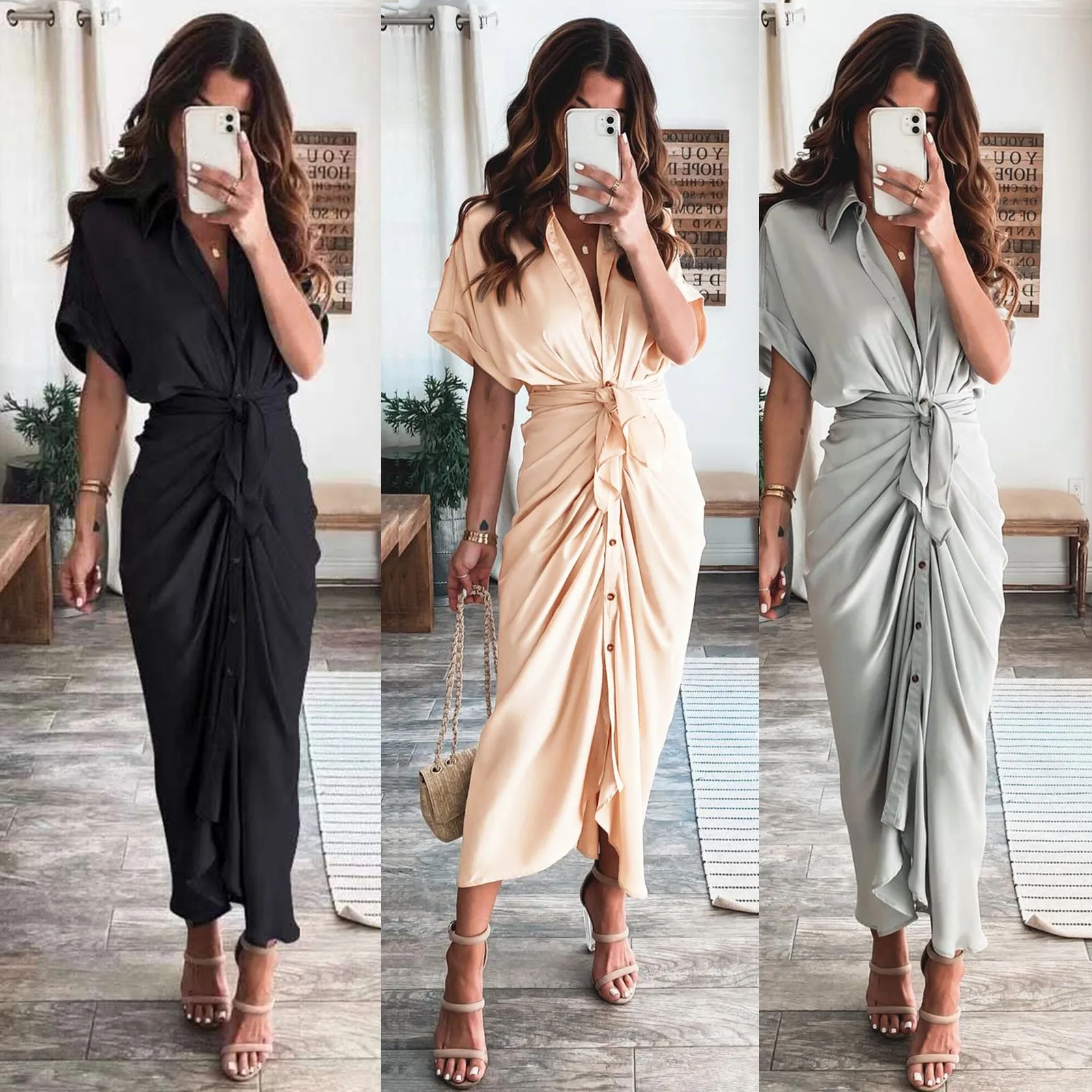 

New Button Ruched Bandage Shirt Dress Women Summer Elegant Party Dress Fashion Casual Short Sleeve Solid V Neck Beach Maxi Dress