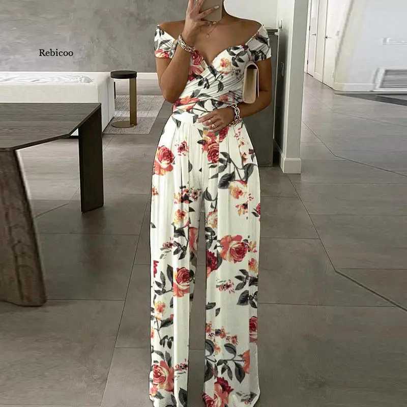 Elegant Office Lady Wide Leg Jumpsuit Sexy Off Shoulder Women Rompers Bodysuit Summer Fashion Striped Printed Overalls Playsuits