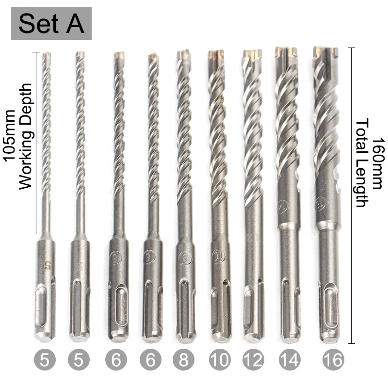 5-16Mm 9Pcs SDS Plus Shank 160Mm Listrik Palu Bor Bit Set Cross Tipe Baja Tungsten paduan untuk Batu Beton Batu