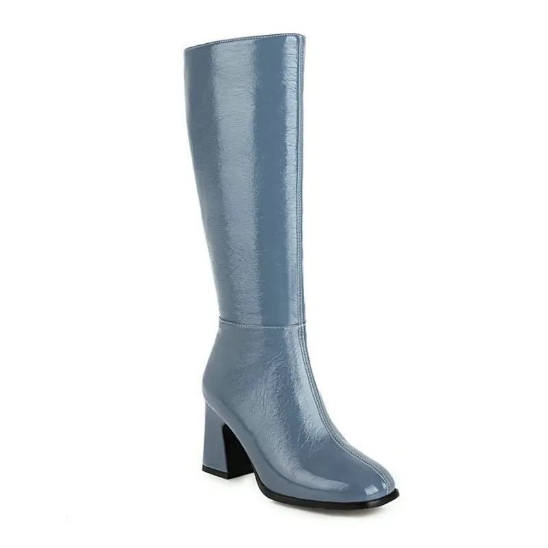 ZawsThia Blue Yellow Gray Patent PU Leather Womens Boots Block High Heeled Winter Shoes Big Size 33-45 Knee High Riding Boots