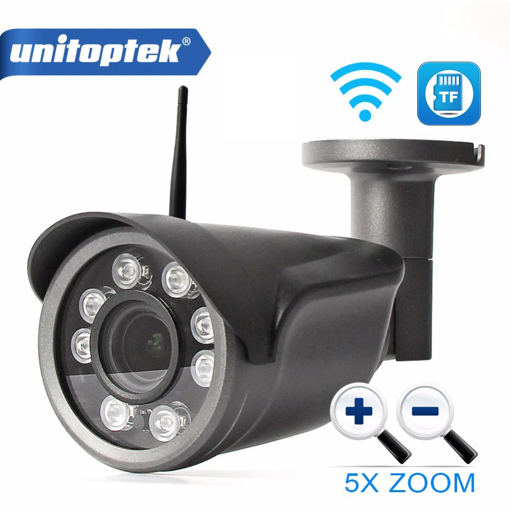 Unitoptek 1080P Wifi IP Camera Outdoor CCTV Surveillance Bullet Camera Wireless 5X Optical Zoom TF Card Slot P2P CamHi View