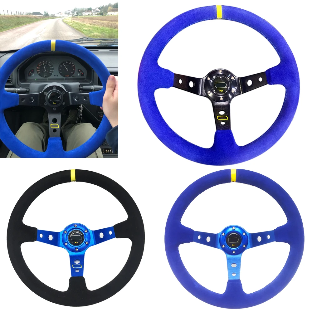 OM-Sports Steering Wheel 14 Inch Deep Corve Drifting Suede Leather 350mm Car Steering Wheel With Horn Button 6-Hole Black Blue