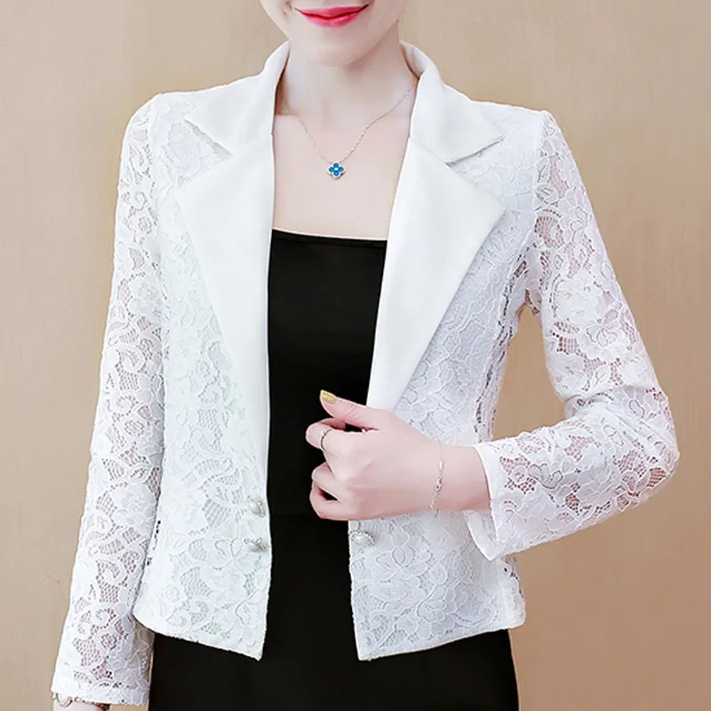 Jacket Women 2024 Long Sleeve V-neck Office Women Jacket Jacket Black White Hollow Lace Jacket Coat Women D105