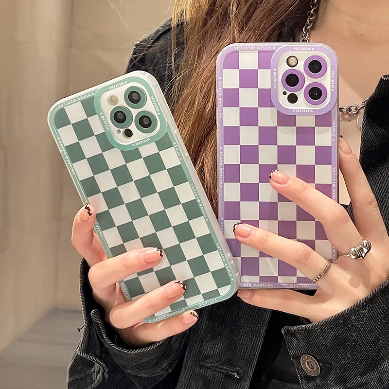 Phone Case For iPhone 15 14 Plus 13 12 mini 11 Pro Max XR XS Max 7 8 Plus Transparent Fashion Checkerboard Soft Silicone Cover