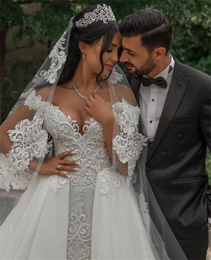 Designer Mermaid Lace Wedding Dresses With Detachable Train Off The Shoulder Appliqued Beads Bridal Gowns Vintage Marriage Robe