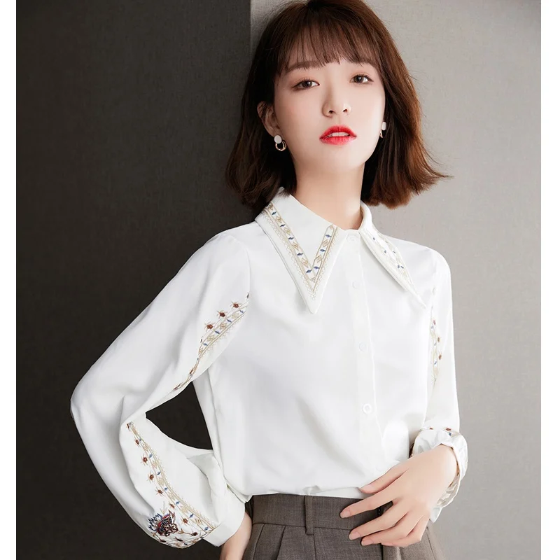 Винтажная белая рубашка с вышивкой, шифоновый топ с длинным рукавом, весна 2021, Женские топы и блузки, блузы