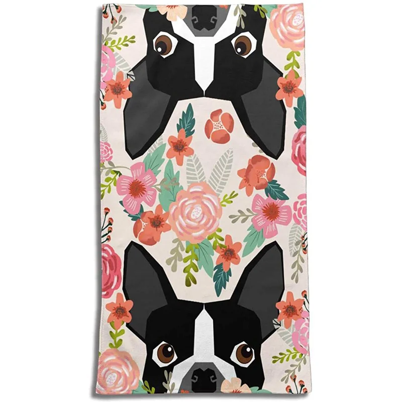 

Boston Terrier Bathroom Hand Towels - Floral Dog Kitchen Towel Custom Hand Towels Absorbent Printed Dish Towels Microfiber Gym