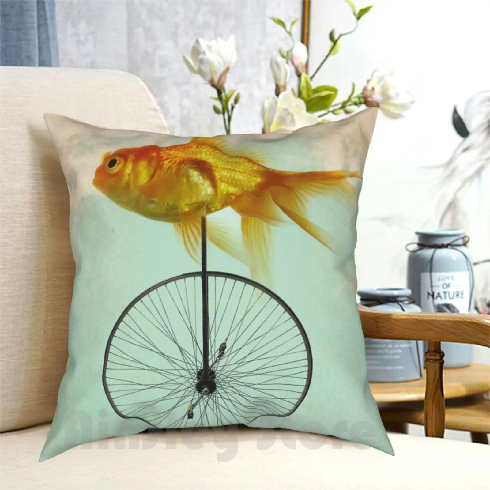 Funda de almohada con estampado de pez dorado para el hogar, suave, DIY, unicolor, bicicleta, tiburón, verde azulado, naranja