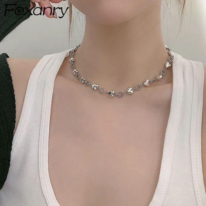 Foxanry Stamp Clavicle Chain Necklace for Women New Trend Vintage Charm LOVE Heart Party Jewelry Gifts Accessories