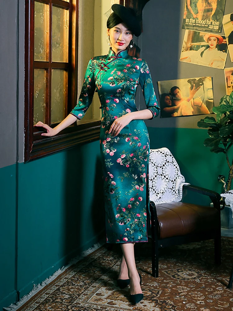 Vestido chinês de seda verde personalizado qipao vestidos de noite impresso cheongsam vestido tradicional retro médio manga longa cheongsams