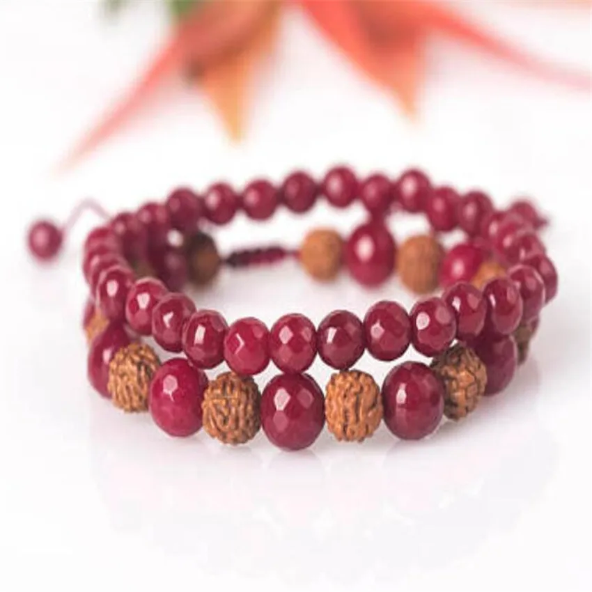 

8mm Red Gemstone Rudraksha Mala Bracelet Adjustable Chakras Lucky Energy Stretchy Sutra Cuff Tibet silver Handmade Men