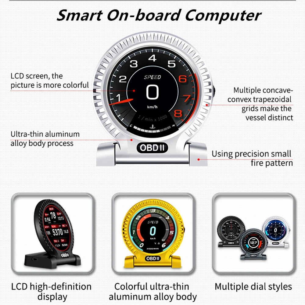 

Newest Car HUD OBD2 Dashboard Smart Digital Gauge Head Up Display Speed Monitoring Turbo Boost Pressure RPM Speed Clock Temp.