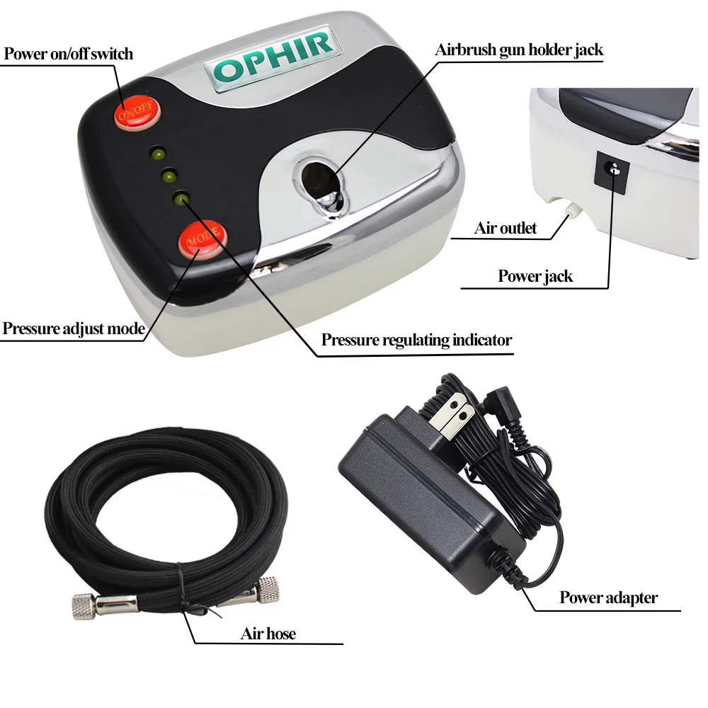 OPHIR 100-240V Mini Luft Kompressor für Airbrush Spray Farbe Schwarz Airbrush Kompressor Kit Nail art Farbe Make-Up körper Malen AC002