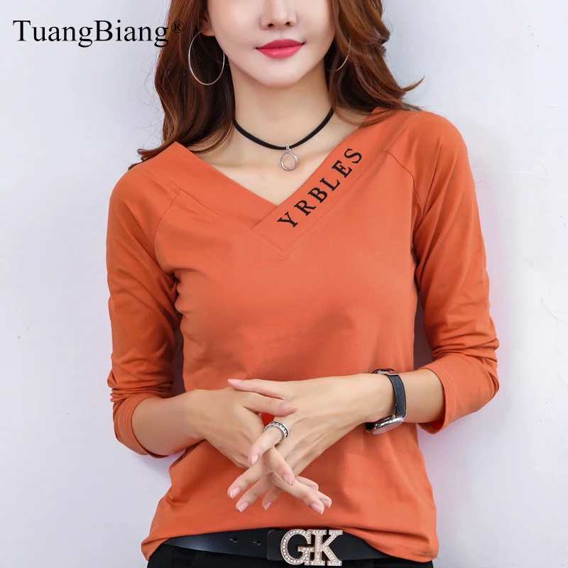 TuangBiang Spring 2023 Orange Long Sleeve V-Neck Letter Print New T-shirt Women Slim Black Tops Ladies Loose Cotton Tee Shirts