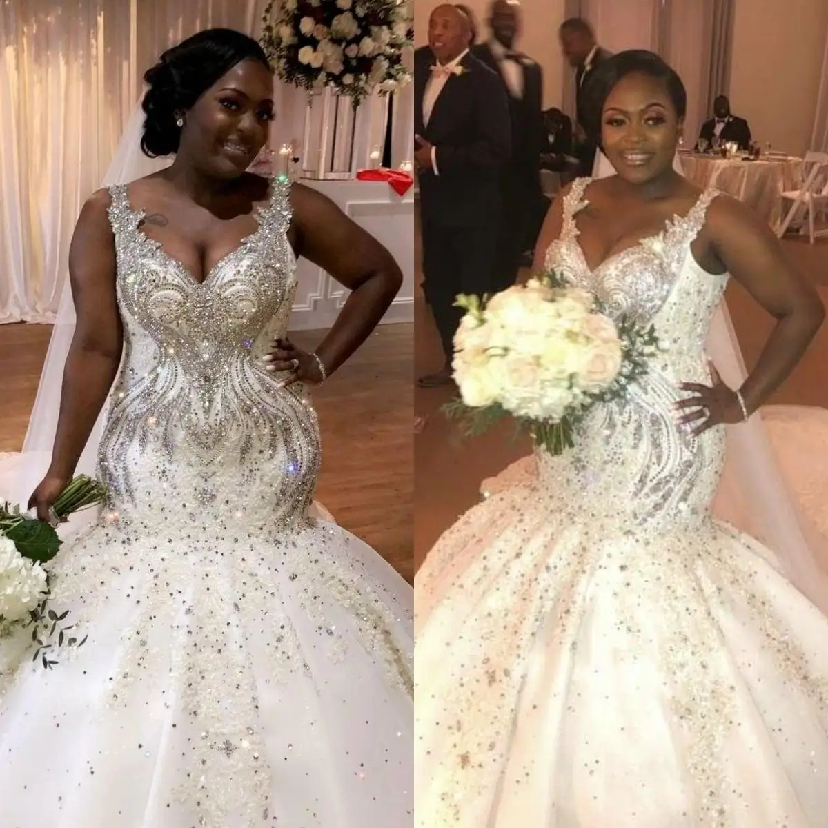 

Sparkly Mermaid Plus Size Wedding Dresses 2022 Luxury Beaded Crystal V-neck African Nigerian Chapel Train Trumpet Wedding Gown