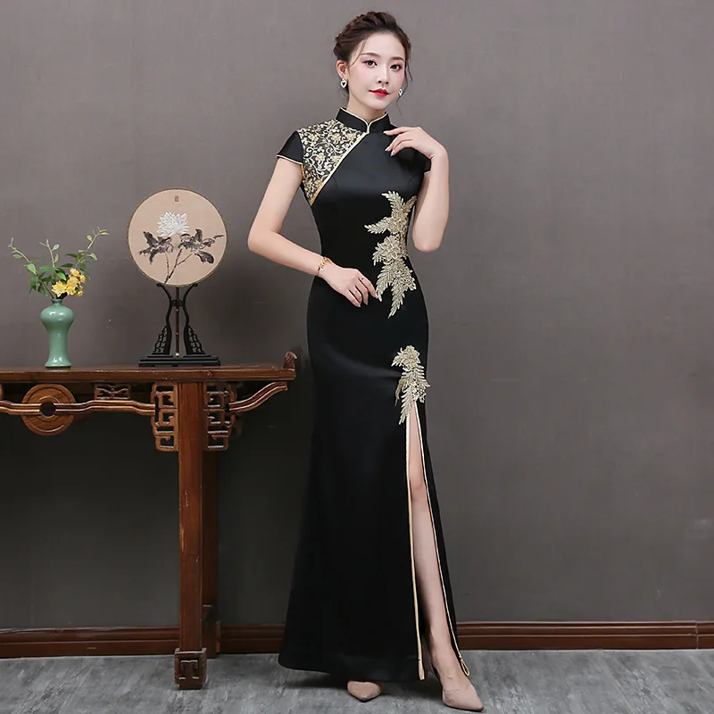 

Sexy Womans Long Cheongsam Lace Flower Summer Vintage Chinese style Ankle Length Dress Qipao Slim Party Dresses Button Vestido