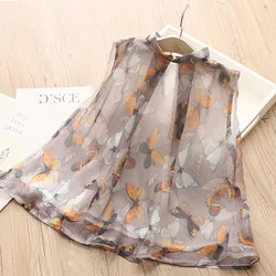 2024 Summer New 3 4 5 6 8 10 12 Years Sweet Stand Collar Sleeveless Loose Floral Thin Baby Kids Girls Blouse Chiffon Shirt