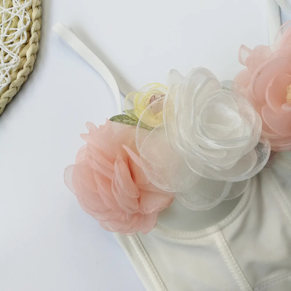 Cupnaya fleur Appliques femmes blanc Spandex haut court Sexy Push Up Bustier Corset Camisole gilet danse réservoirs taille réglable