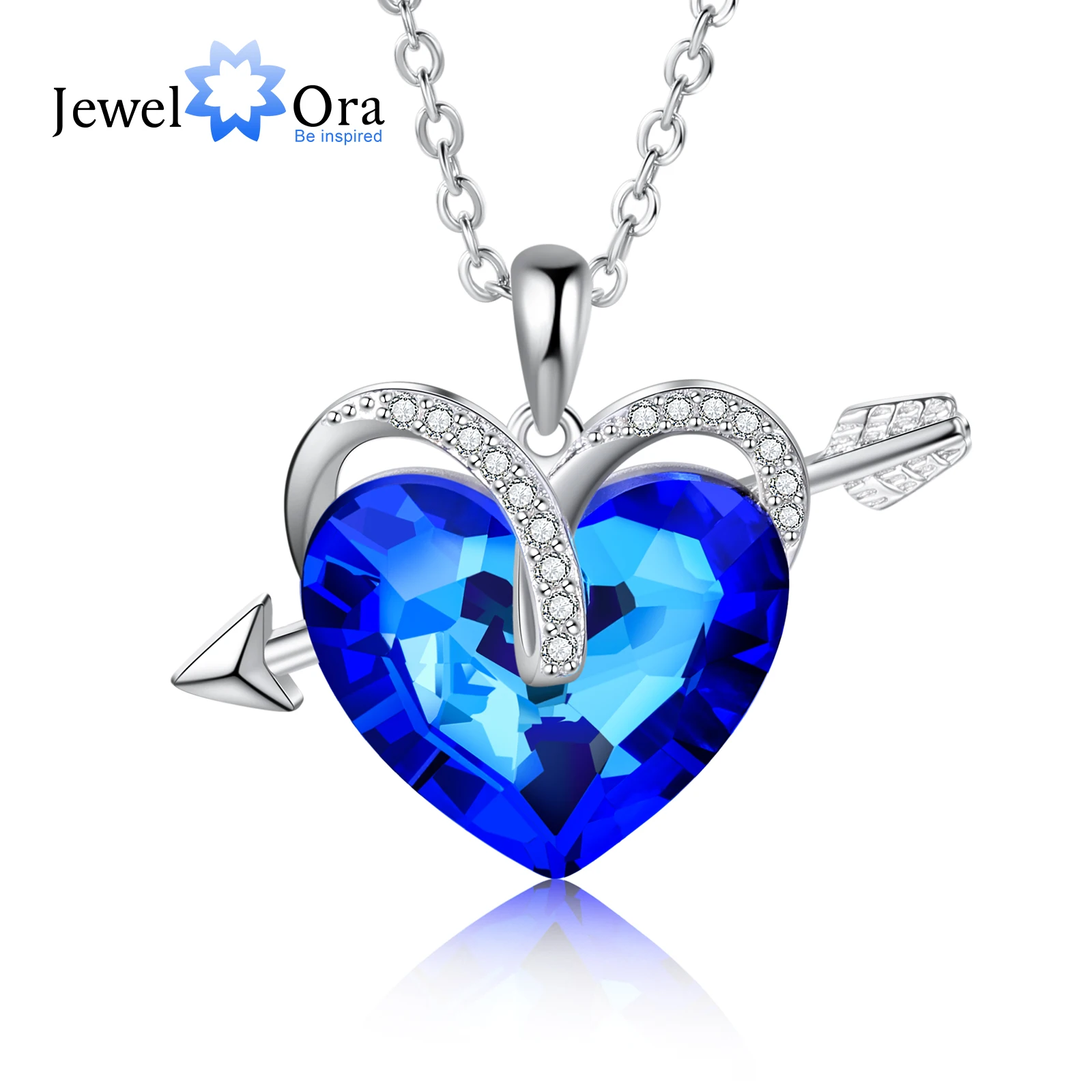 JewelOra New Silver Color Cubic Zirconia Arrow Necklace Pendant Fashion Heart Blue Crystal Necklace Jewelry Gift for Lover