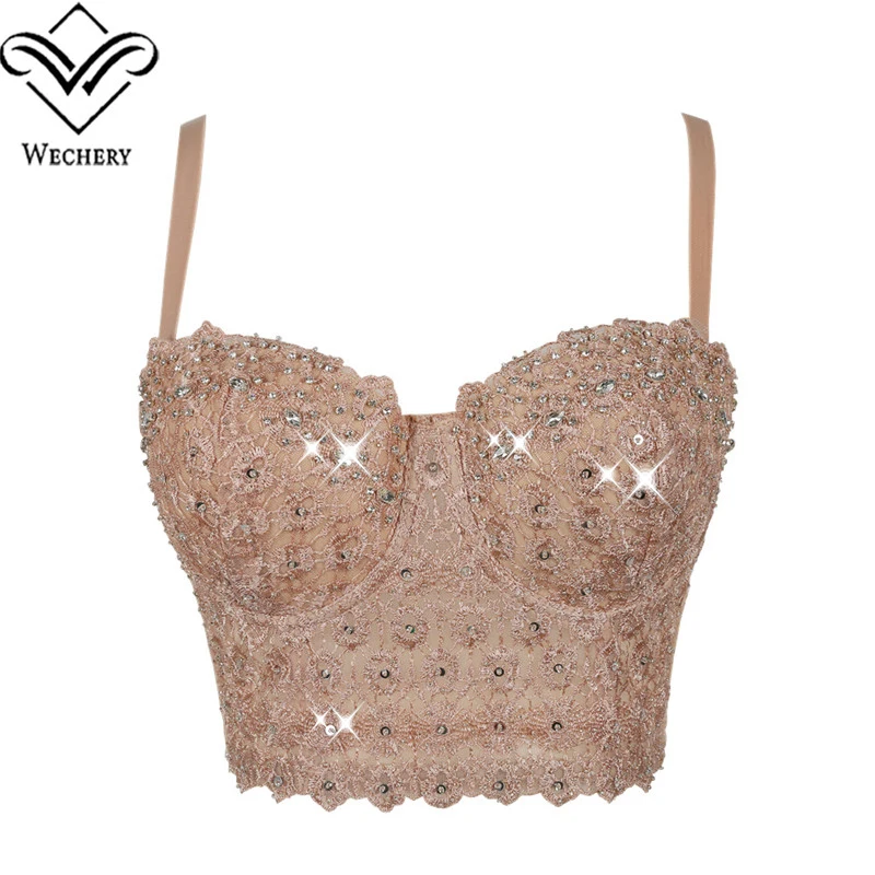 Wechery Beading Lace Corset Top Cropped Tops Bodice Women Sexy Bustier Black Bras Wear Outside