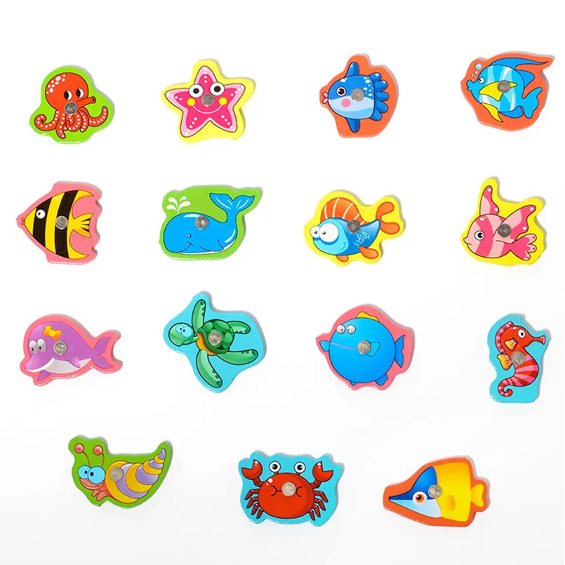 16Pcs/set Baby Wooden Magnetic Fishing Game Toys Set Iron Box Novelty Cognition Cartoon 3D Wood Funny Undersea Fish Toy Gifts