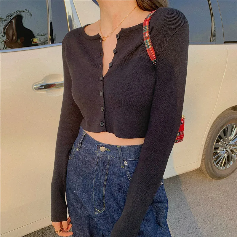 Long Sleeve Cropped Cardigan Women Vintage Button Up Knitted Cardigan Top Korean Cute Black White Gray Blue Red Short Cardigan