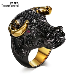 DreamCarnival 1989 Chunky Black Bull with Golden Color Horns Punk Hip Hop CZ Big Ring for Unisex Men Women Street Fashion SR2314